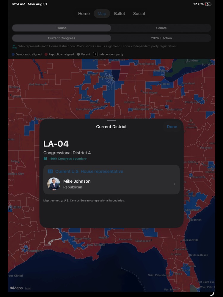 Political Social congressional map with a district detail panel