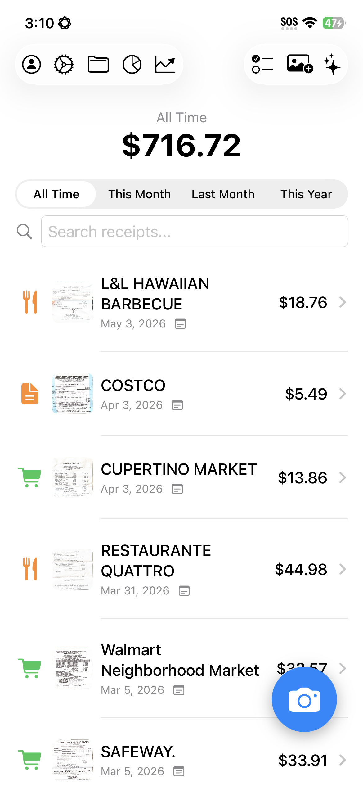 Receipt Savior searchable receipt list